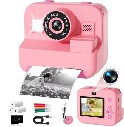 Digital Instant Print Camera for Children with Video Recording, 32GB Card, and Thermal Printing - Educational Toy Gift