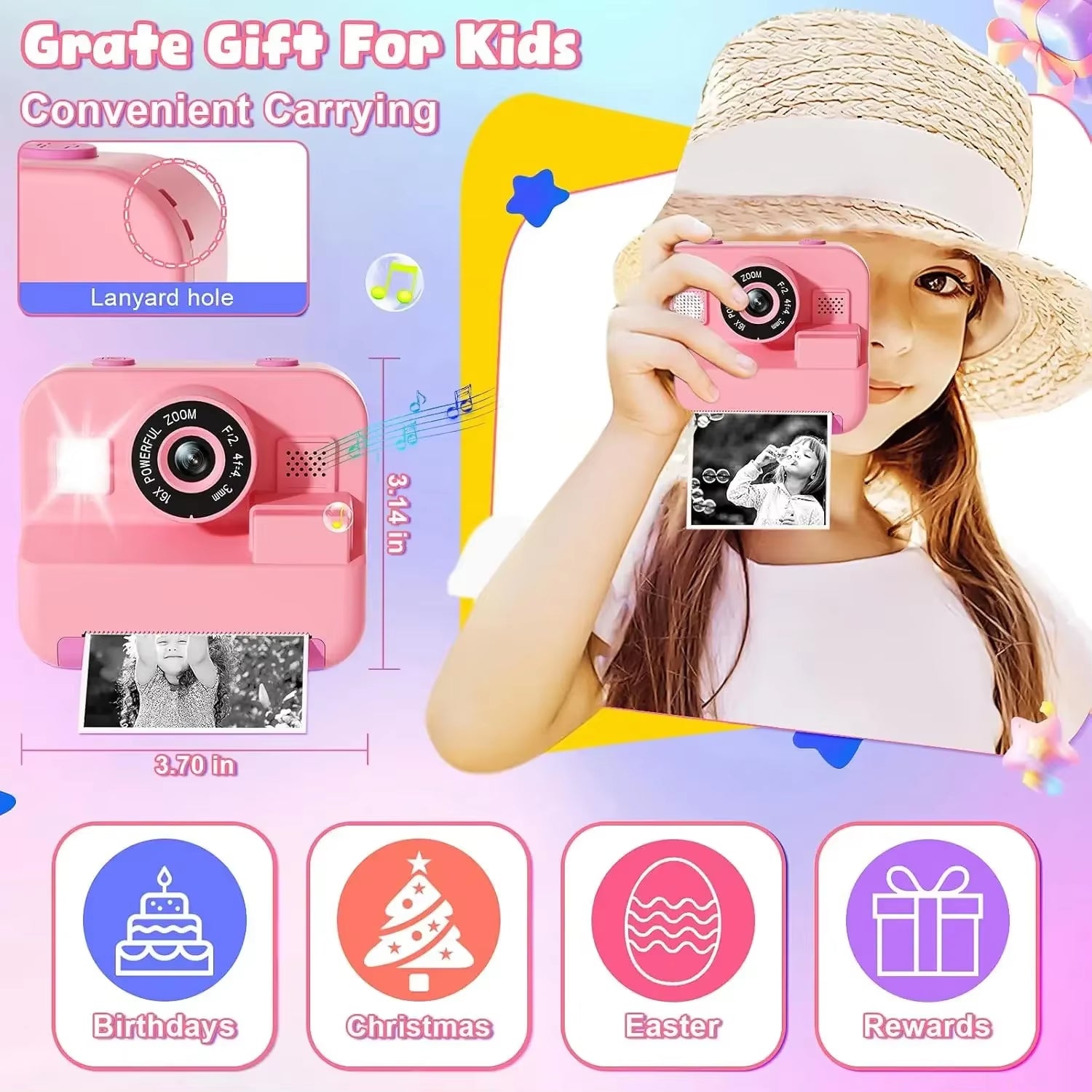 Digital Instant Print Camera for Children with Video Recording, 32GB Card, and Thermal Printing - Educational Toy Gift