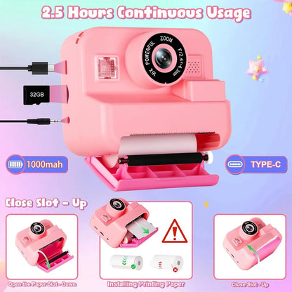 Digital Instant Print Camera for Children with Video Recording, 32GB Card, and Thermal Printing - Educational Toy Gift