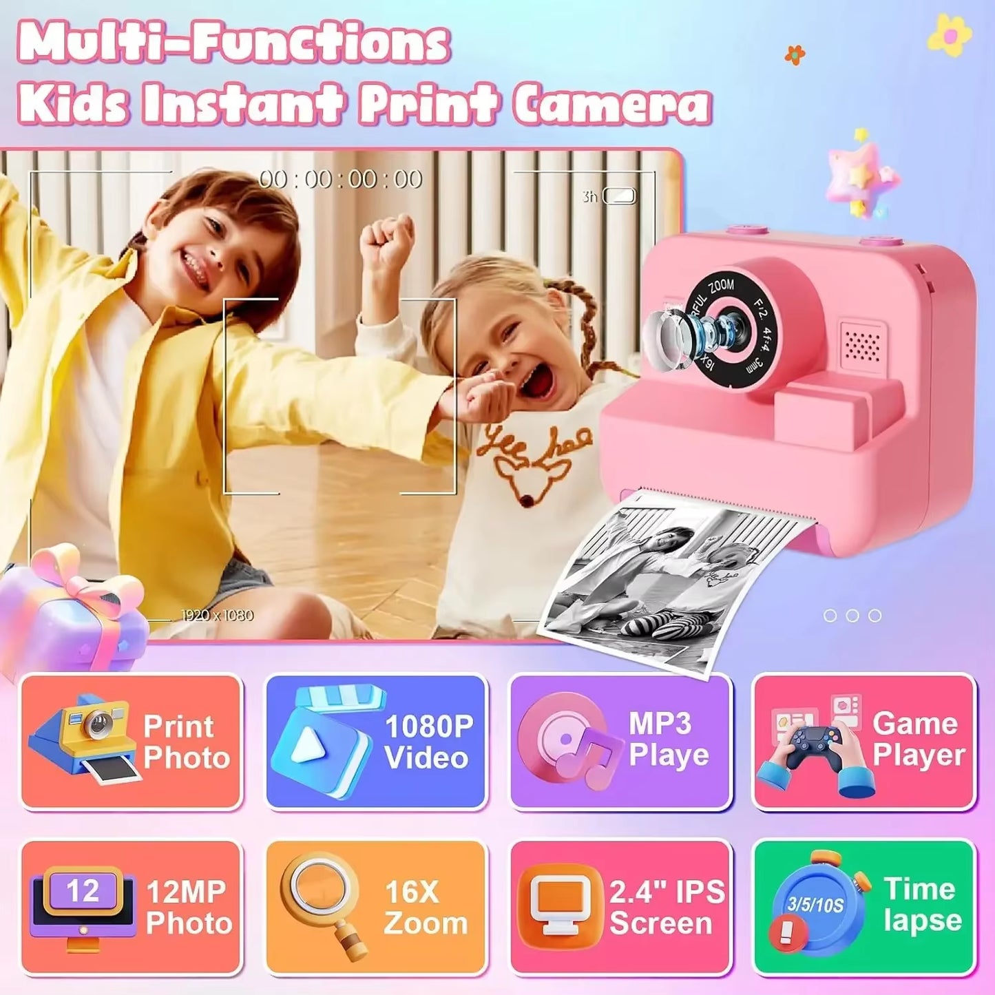 Digital Instant Print Camera for Children with Video Recording, 32GB Card, and Thermal Printing - Educational Toy Gift