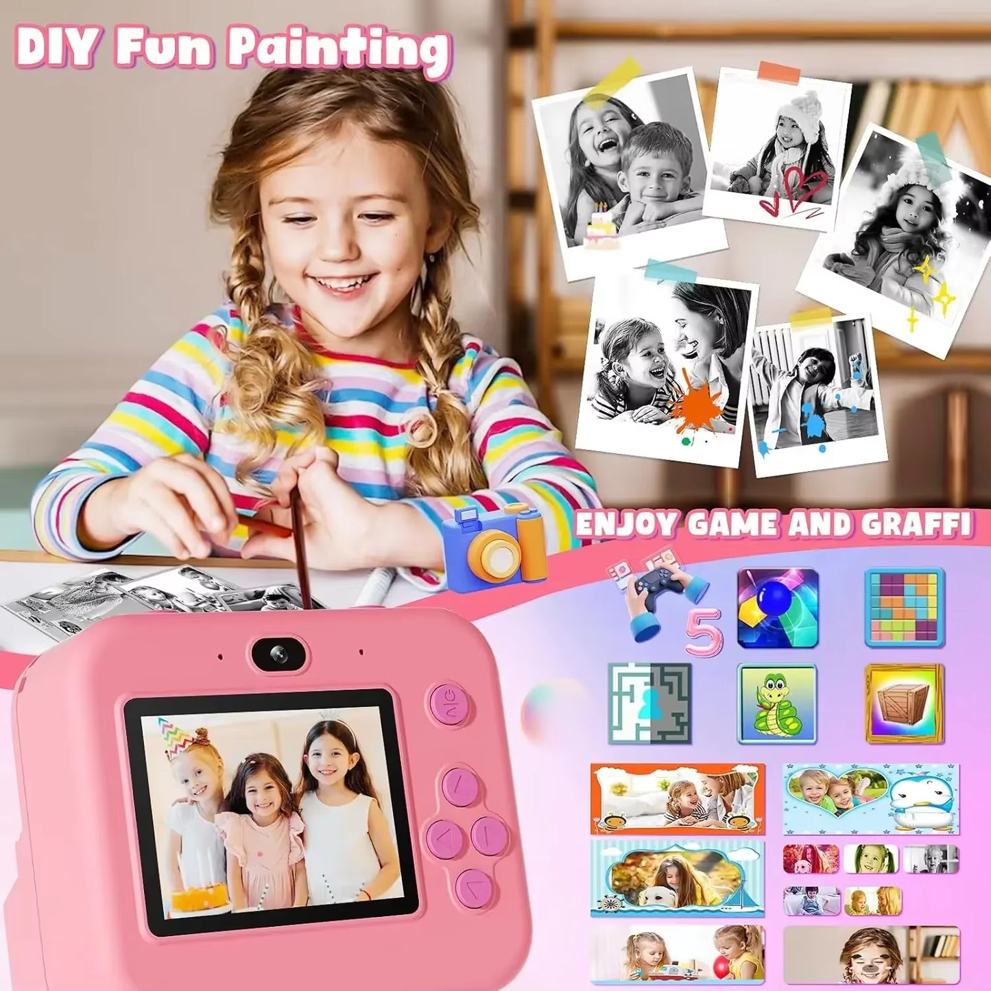 Digital Instant Print Camera for Children with Video Recording, 32GB Card, and Thermal Printing - Educational Toy Gift